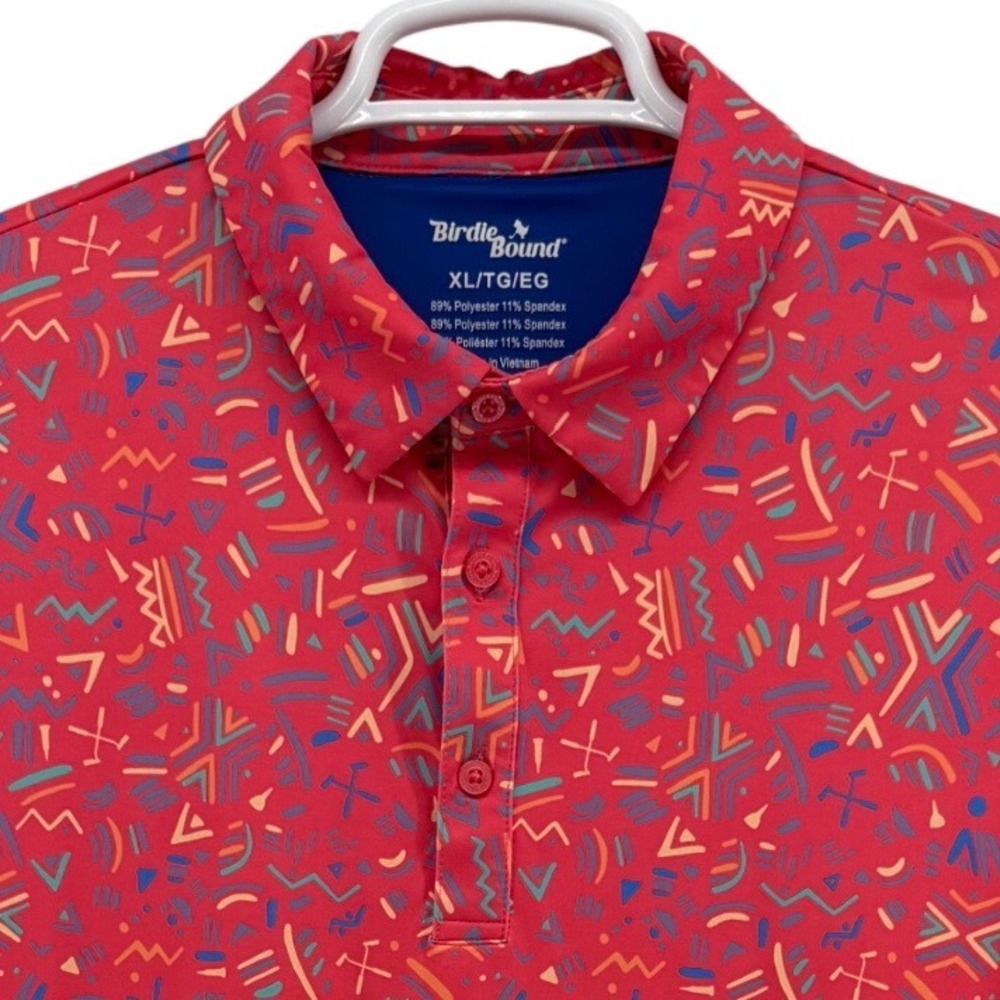 Birdie Bound XL‎ Red Geometric Abstract Performance Golf Polo Shirt Short Slv